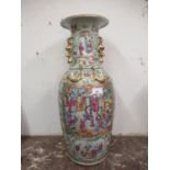 Large Chinese Canton porcelain vase decorated with panels of figures with gilt relief moulded