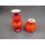 Holmegaard Carnaby double gourd shaped vase in orange, 9ins high, together with a similar smaller