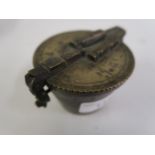 Set of brass bucket weights with hinged cover, bearing many touch marks including Schultress, 1838
