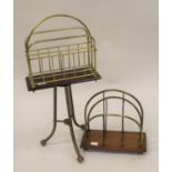 20th Century brass and mahogany floor standing magazine rack together with an oak and brass two
