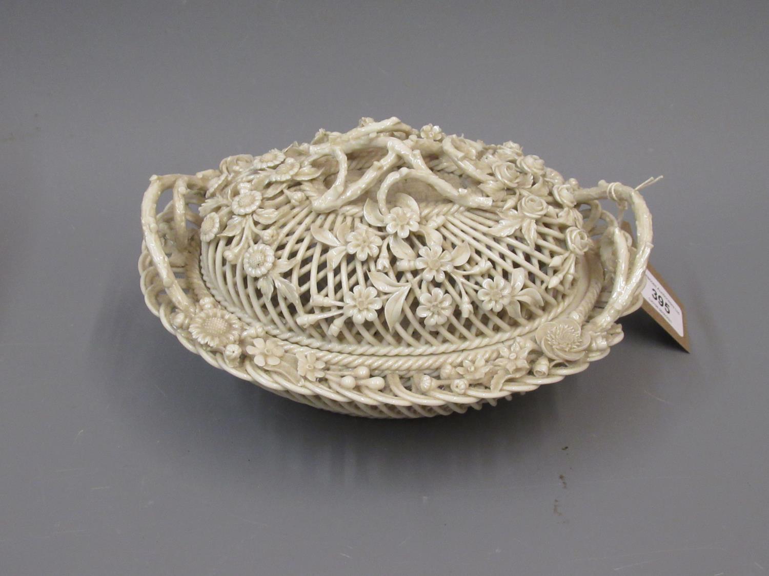 19th Century Belleek floral encrusted lattice work basket with cover (some damages), 8.5ins x 6.5ins