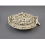 19th Century Belleek floral encrusted lattice work basket with cover (some damages), 8.5ins x 6.5ins