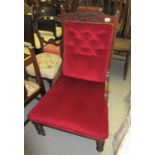 Victorian carved beechwood and red button upholstered low seat nursing chair together with a set