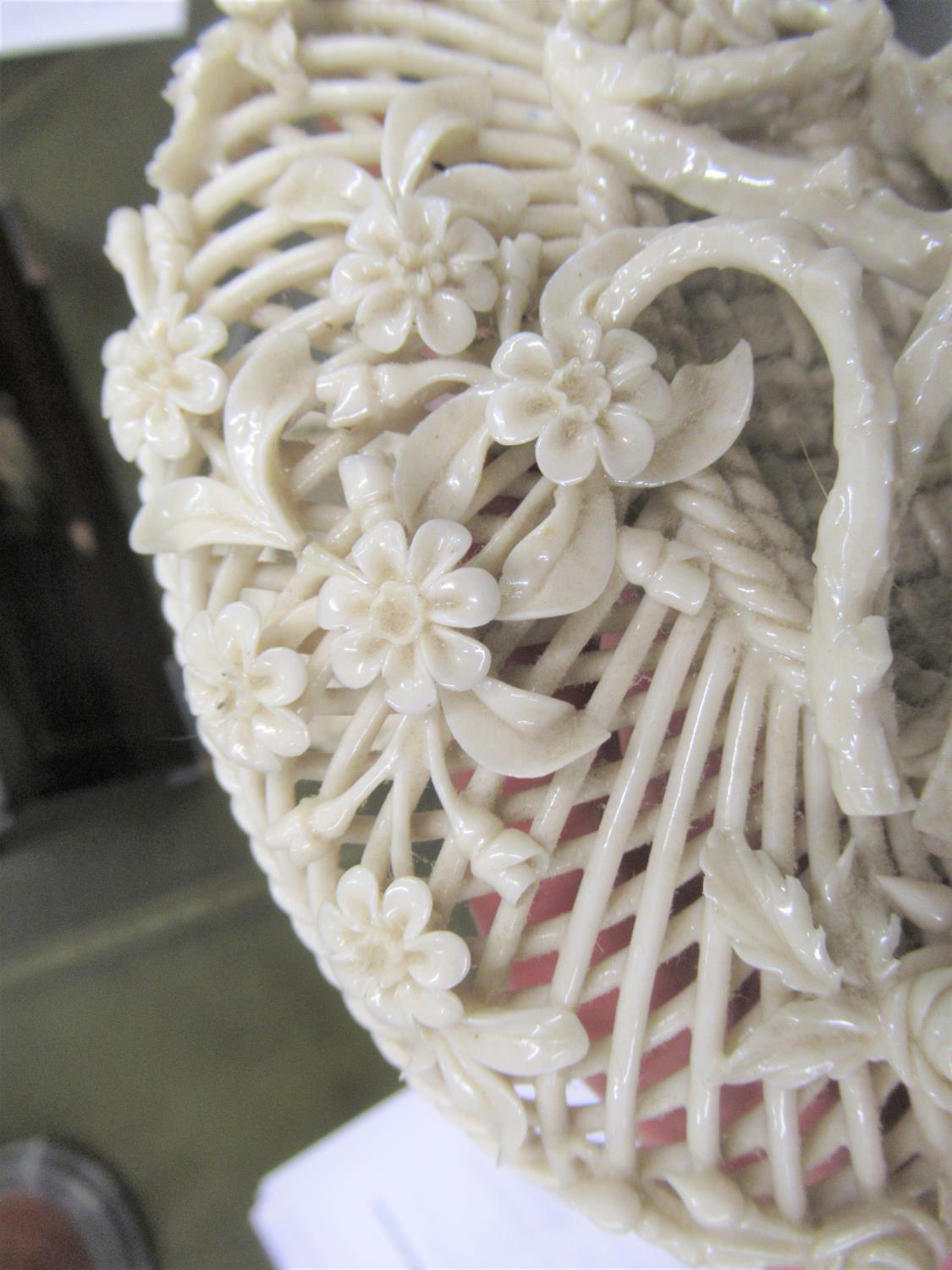 19th Century Belleek floral encrusted lattice work basket with cover (some damages), 8.5ins x 6.5ins - Image 6 of 12