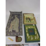 Two children's books, a small Chinese machine embroidered panel, a Hudson Bay bronze commemorative