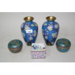 Pair of cloisonne baluster form vases with lotus and bird decoration, 7ins high together with a pair