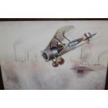 Box containing four framed watercolours, studies of early combat aircraft downing an airship, all