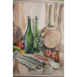 Mary Pollock, watercolour, still life with wine glasses, fish, vegetables, '82, 19ins x 15ins