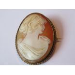 9ct Gold mounted oval carved shell cameo portrait brooch, the mount marked E. Joy & Company, 48mm