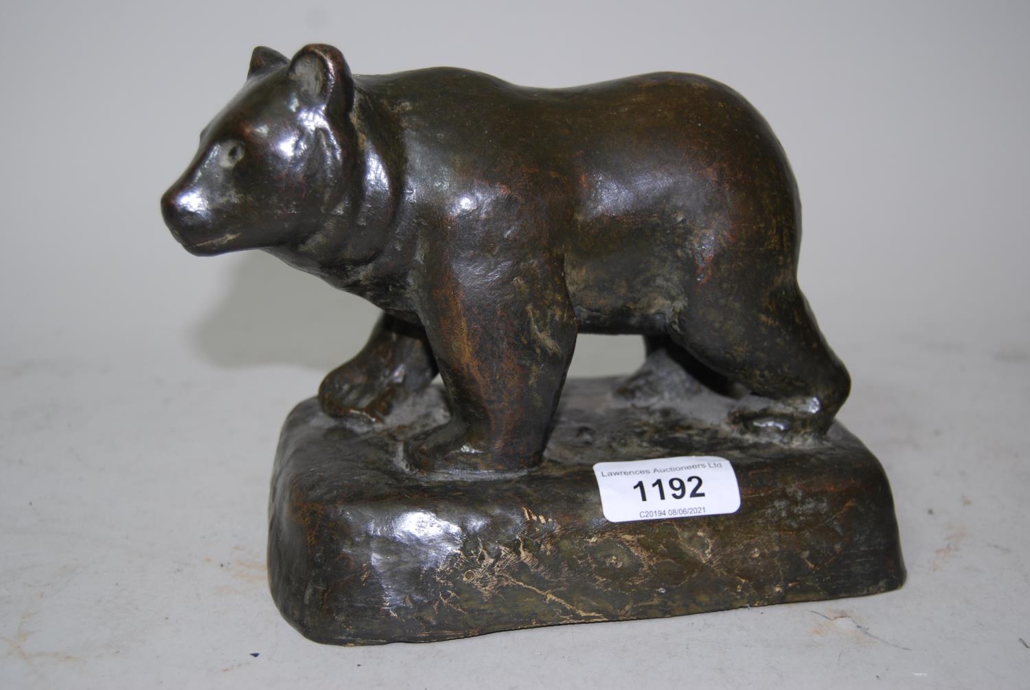 Mid to late 20th Century dark patinated bronze figure of a bear, on a rectangular plinth base, 18ins