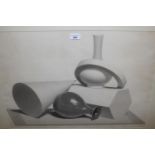 Frank E. Payne, charcoal still life, vases and shapes, bearing ESK blind stamp and labels verso,