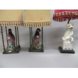 Pair of table lamps in the form of porcelain figures of birds in decorative gilt brass cage form
