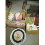 Two boxes containing a quantity of various decorative Doulton and Wedgwood porcelain including