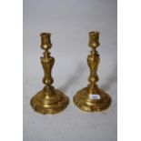 Pair of good quality French ormolu Rococo design candlesticks, 10.5ins high (sconces lacking)