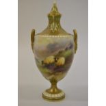 Harry Davis for Royal Worcester, two handled baluster form pedestal vase and cover, finely painted