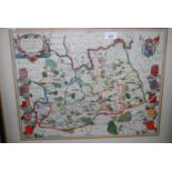 Framed antique hand coloured map of Surrey, together with a framed map ' The Road from London to