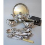 Victorian silver plated three piece tea set, two cased sets of plated flatware, quantity of loose