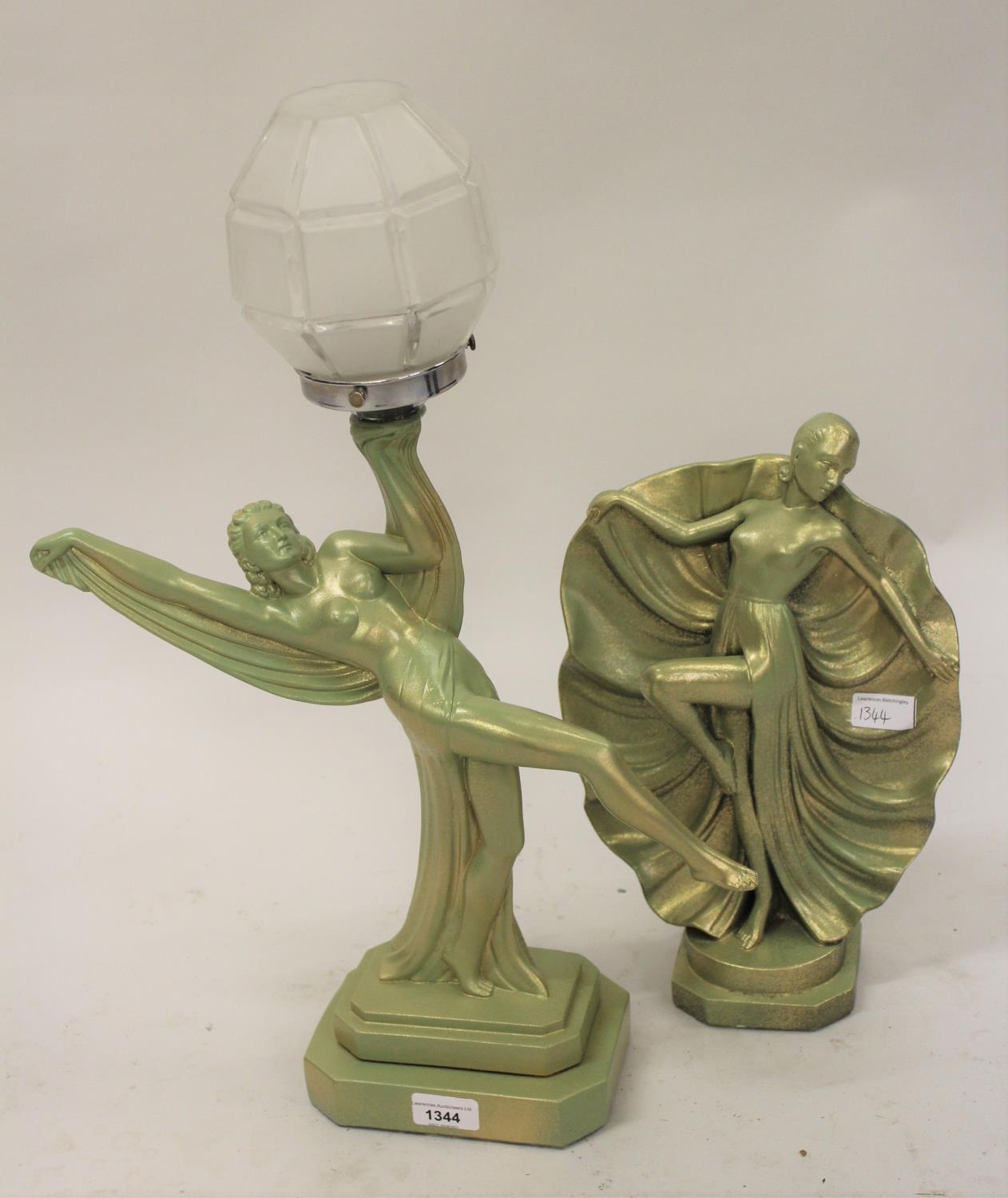 Art Deco style green patinated plaster table lamp in the form of a dancing girl, 22ins high together