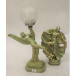 Art Deco style green patinated plaster table lamp in the form of a dancing girl, 22ins high together