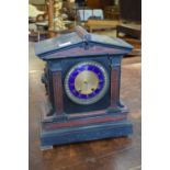 19th Century black slate and red marble mantel clock, the circular dial having blue enamel chapter