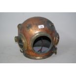 Mid 20th Century beaten copper and brass mounted deep sea diver's helmet, unnamed, 12ins high