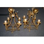 Pair of Christopher Wray gilt metal four light electroliers of scroll rope and swag design, 22ins