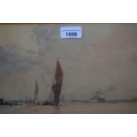 Arthur J.F. Bond, watercolour, sailing barges and steam vessels in an estuary, signed and dated