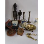 Box containing a quantity of miscellaneous items including a pair of female leg nutcrackers,