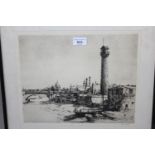 William P. Robert, signed etching, construction near a Thames bridge (early 20th Century), 11ins x