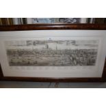 Reproduction black and white engraving, panoramic view of London in a burr wood frame, together with