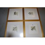 Set of four small modern framed etchings, musical subjects, 5.25ins square, gilt framed