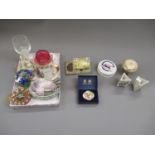 Glass millefiori paperweight, a Spode Silver Jubilee mug, small hen on nest tureen and other