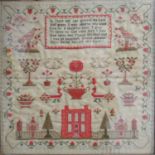 Good quality early 19th Century pictorial woolwork sampler depicting house and garden, birds and