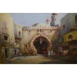 Noel Harry Leaver ARCA, watercolour, North African street scene with Arab figures by an archway,