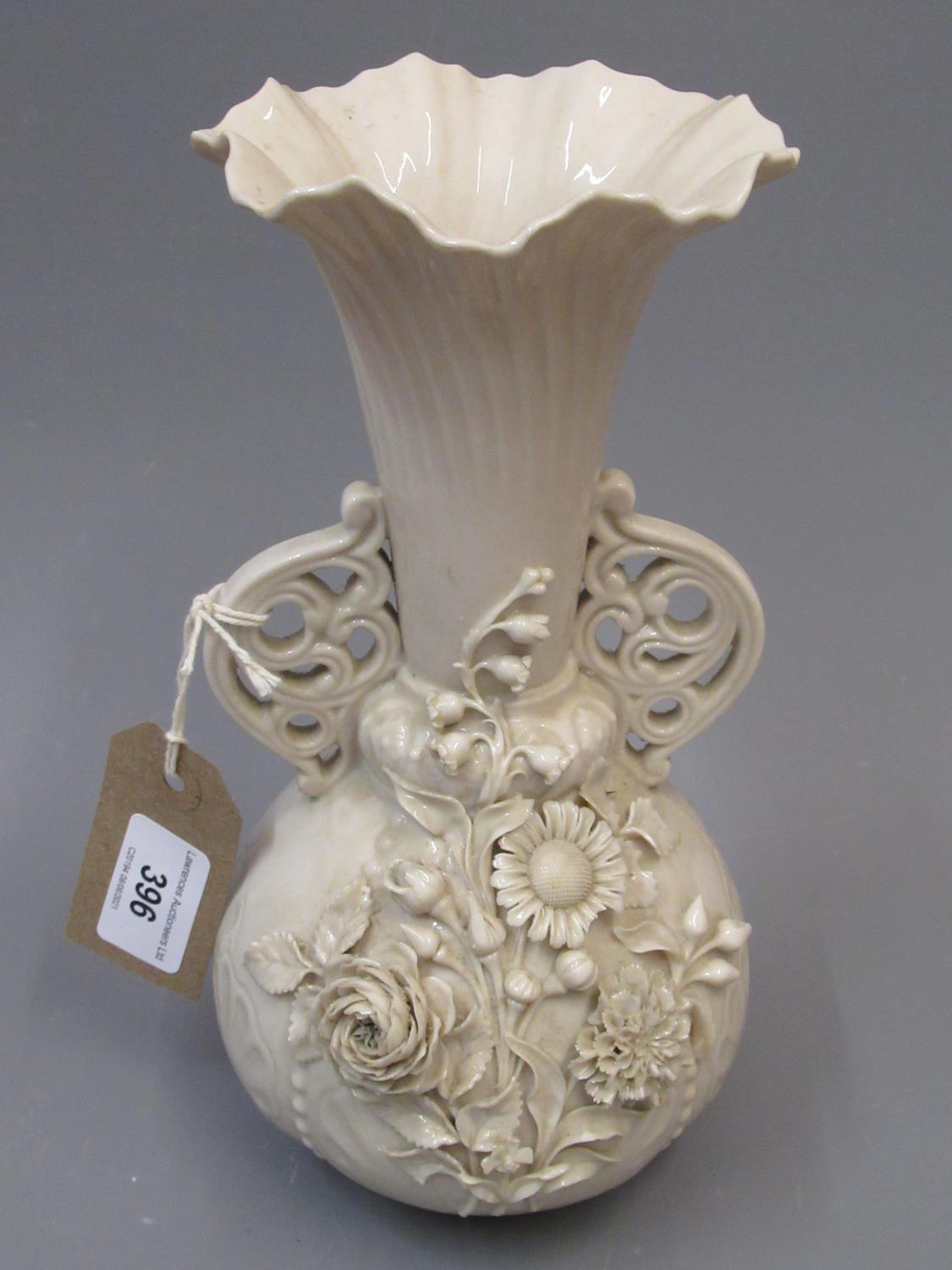 19th Century Belleek floral encrusted two handled porcelain vase, 9ins high