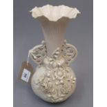 19th Century Belleek floral encrusted two handled porcelain vase, 9ins high