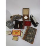 Ladies beadwork evening bag, leather cased bellows camera and other miscellaneous collectables