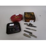 Two small lacquer boxes, small quantity of thimbles, two propelling pencils, a pen knife an