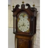 19th Century mahogany crossbanded and line inlaid longcase clock, the broken arch hood with swan