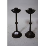 Pair of WMF Arts and Crafts anodised metal candlesticks of square tapering form on dome bases, 10.
