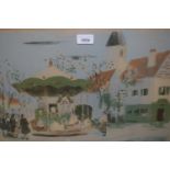 Mid 20th Century Continental Limited Edition colour print, figures beside a carousel, signed