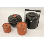 Oriental black lacquer three tier cylindrical food container, similar ovoid container with twin lids