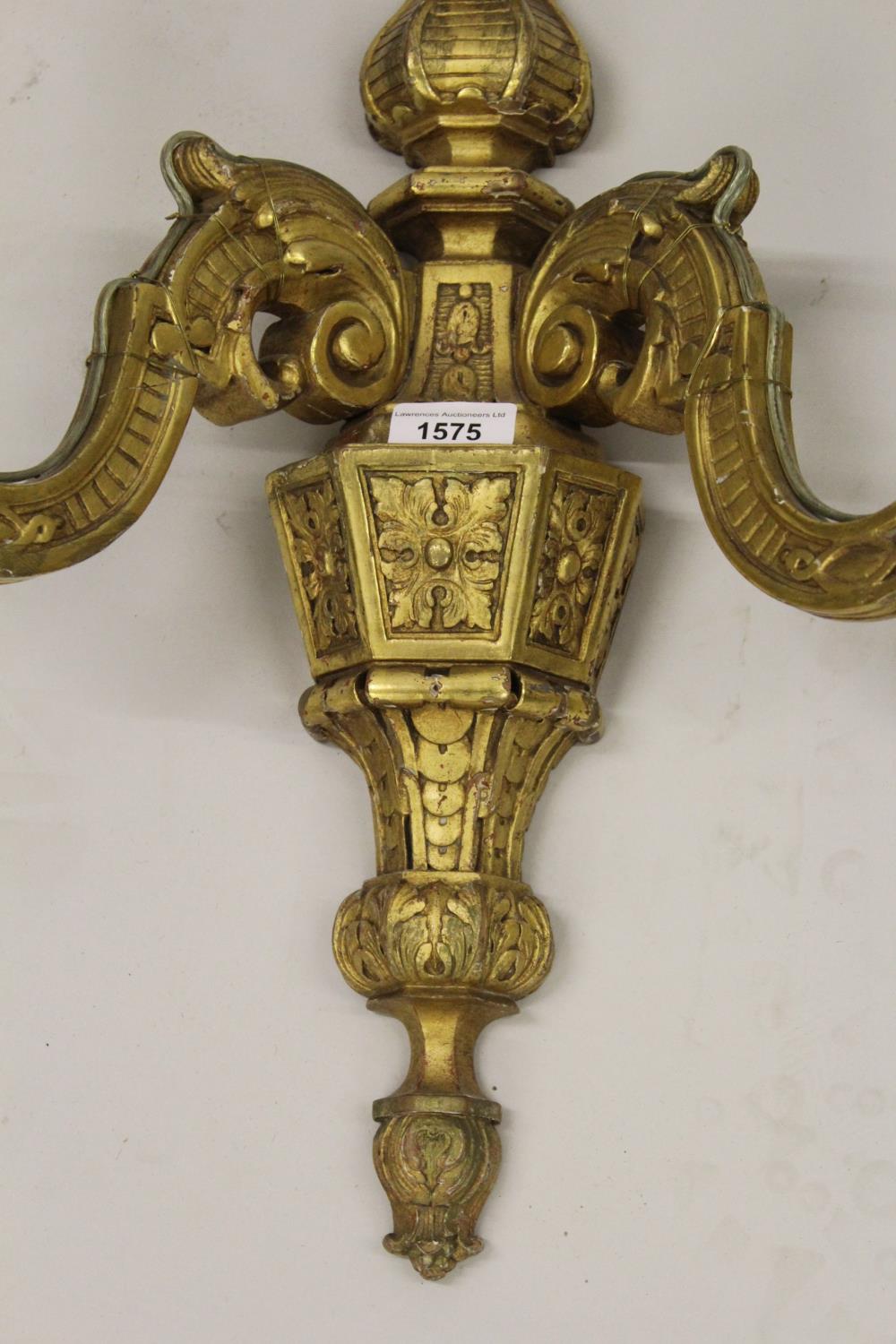 Pair of 19th Century carved and gilded composition twin light wall sconces of faceted baluster form, - Image 2 of 2