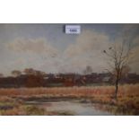 Octavius Rickatson, watercolour, river landscape with a distant town, signed, 11.25ins x 17.25ins,