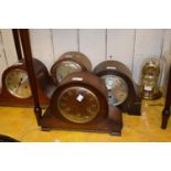 Group of five various mid 20th Century oak and walnut dome topped mantel clocks (at fault)