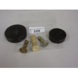 Carved bone seal, two metal seals and two antique turned wooden cased wax seals