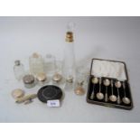 Three silver topped cut glass rouge pots, silver pill box, nail buffer and various other perfume and