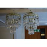 Pair of modern three tier hanging light fittings with cut glass drops