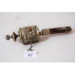 19th Century Tibetan white metal prayer wheel inset various agate stones, 9ins high Finial is