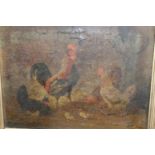 19th Century overpainted print, chickens in a farmyard, 10ins x 13ins, together with a gilt framed